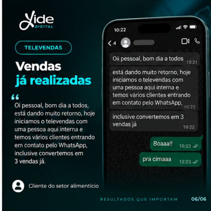 Feedback de cliente do setor alimentício: televendas com vários clientes no WhatsApp e 3 vendas convertidas